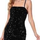 Women's Sequin Dress Sexy Sparkly Glitter Short Velvet Night Out Party Club Adjustable Spaghetti Straps Bodycon Mini Dresses (Black, S)