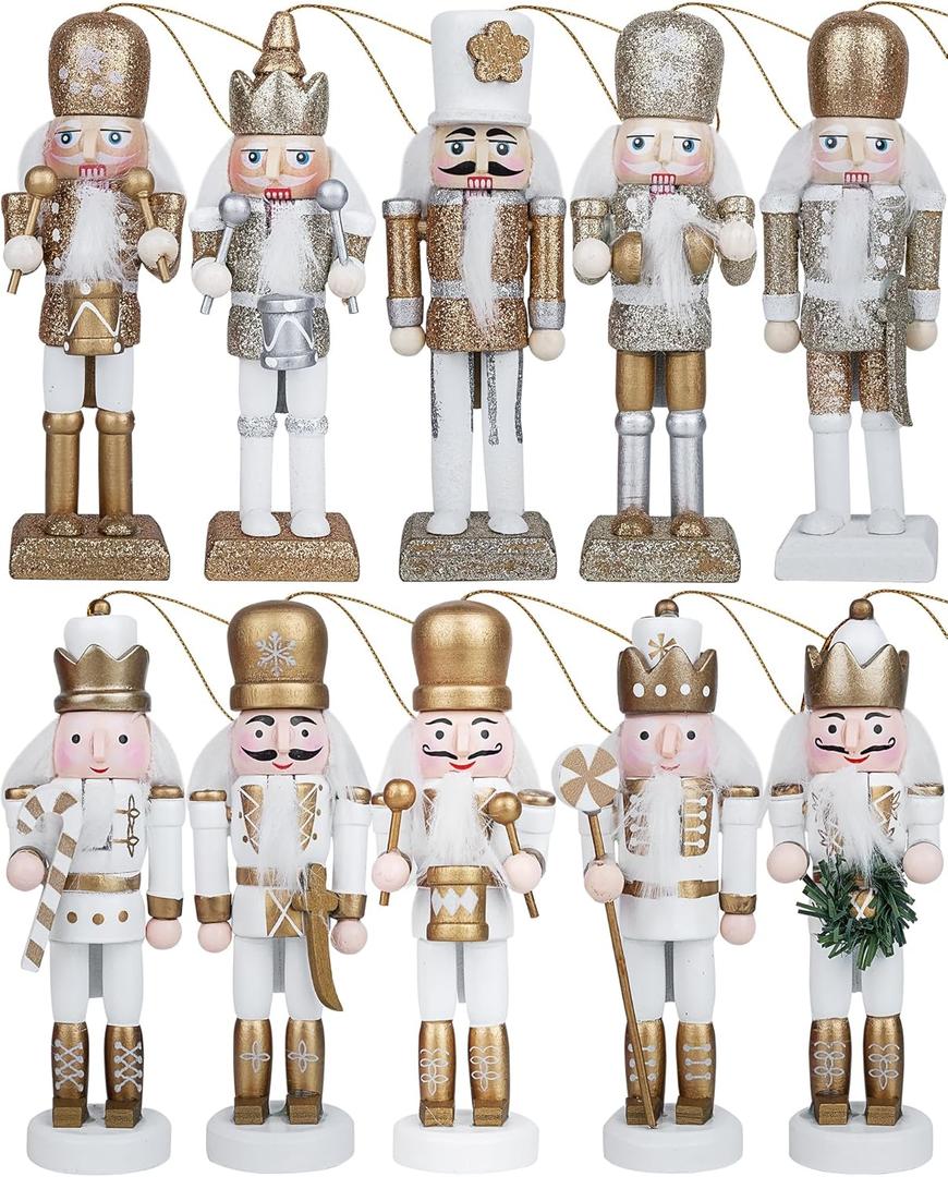 10Pcs Nutcracker Christmas Decor Nutcracker Ornaments for Christmas Tree Wooden Nutcracker Hanging Decorations Gold and Silver Nutcracker Soldiers Glittered Nutcracker Figures 5.2 Xmas Ornament Set