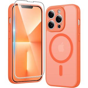 FNTCASE for iPhone 13 Pro Case: Matte Magnetic Phone Cases with Screen Protector Compatible with Magsafe Slim Anti Yellowing Rugged Shockproof Protective Translucent Cell Phone Cover (C-Orange)