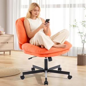 Cross Legged Office Chair, Thick Cushioned Criss Cross Desk Chair with Wheels, Wide Seat Armless Office Chair, Height Adjustable Swivel Vanity Chair for Home and Office, Orange, 27.1 inches x 25.2 inches x 35 inches
