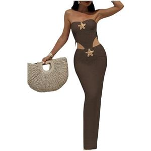 WDIRARA Women's Cut Out Crochet Bodycon Cover Up Dress Starfish Strapless Maxi Beach Dress M