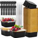 60 Pack 5 OZ Mini Cake Pans with Lids, 3.5x3.5 Inch Mini Cake Tins, Aluminum Foil Square Baking Cups Disposable Cake Containers for Party, Wedding, Birthdays, Black and Gold