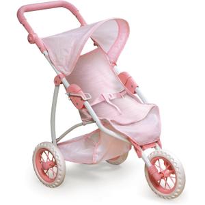 Badger Basket Foldable Jogging Style Doll Stroller - Adjustable Handle, Canopy, Straps & Basket - Fits 18-22" Dolls, Lightweight Toy for Girls Ages 3+ - Pink Gingham Design