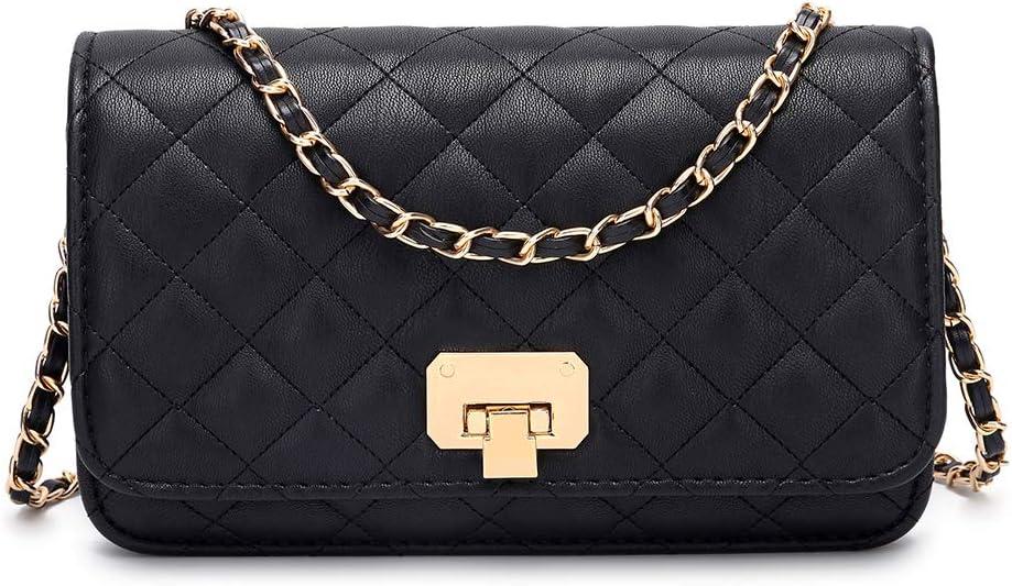 Women Black Quilted Purse Lattice Clutch Small Crossbody Shoulder Bag with Chain Strap Leather