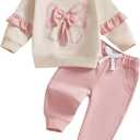 Kupretty Baby Girl Clothes Toddler Fall Winter Outfit Ruffles Crewneck Bow Pullover Sweatshirt + Joggers Pants Set (18-24 Months, Pink)