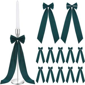 12 Pcs Green Christmas Candlestick Bows Decor 13 Inch Large Coquette Decorations Bows for Table Self Adhesive Candle Holder Gift Wrapping Wedding Bridal Shower Bachelorette Party Centerpieces