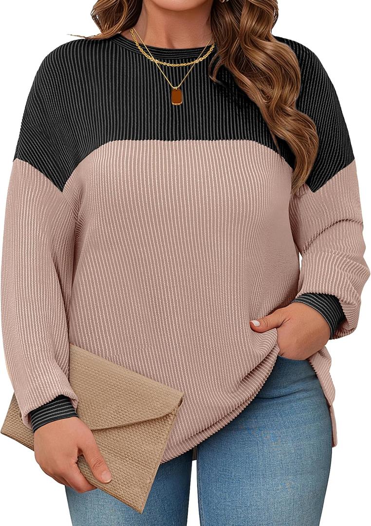 Womens Plus Size Sweatshirt Color Block Side Split Long Sleeve Crewneck Casual Loose Pullover Shirt Top (2X, Black)