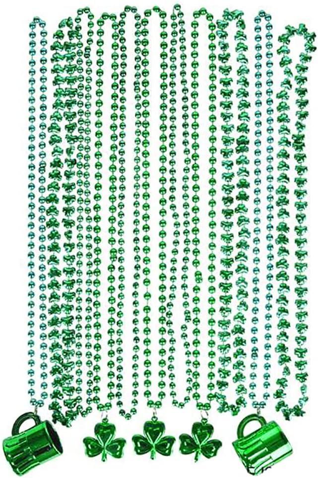 The Dreidel Company St. Patrick's Beer Mug Beads & Shamrock Necklace Variety Pack, Metallic Green, 33 inch (8mm) (12-Pack)