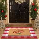 Christmas Door Mat Combo Set - 100% Coco Coir Welcome Mat + 28 x 43 Inch Red and White Plaid Rug, New Year Holiday Christmas Collection Doormat for Front Porch Entryway Decorative