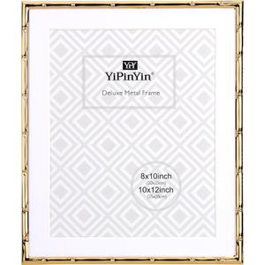 YiPinYin 10x12'' Gold Metal Bamboo Detail Picture Frame with Acid Free Mat for 8x10'', Elegant Narrow 8x10'' Gold Plated Photo Frames With Velvet Backing for Desktop and Wall Décor