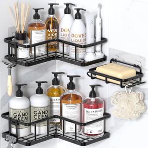 YASONIC Corner Shower Caddy Organizer, 3-Pack Adhesive Rustproof Stainless Steel Shower Shelves with Soap Holder, No Drilling Shower Storage Rack for Family Renters Bathroom, Black YASONIC Corner Shower Caddy Organizer, 3-Pack Adhesive Rustproof Stainless Steel Shower Shelves with Soap Holder, No Drilling Shower Storage Rack for Family Renters Bathroom, Black