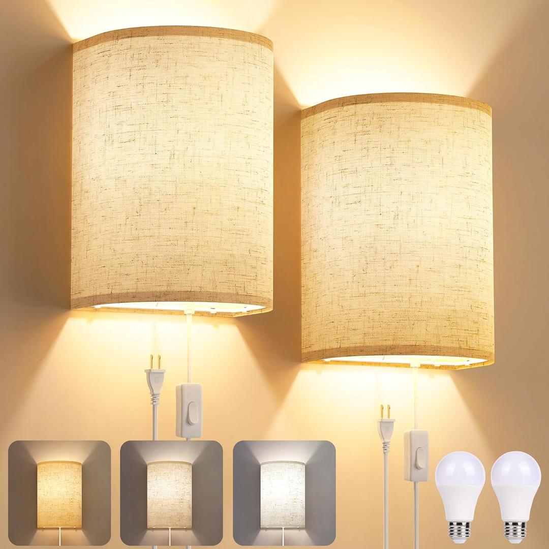 Plug in Wall Sconces Set of Two: Wall Lights with On/Off Switch - Stepless Color Temperature Wall Mount Lamps - Fabric Linen Wall Sconce for Bedroom Living Room & Hallway- Indoor Corded Wall Sconces (Beige)