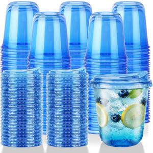 12oz Disposable Stemless Glasses With Strawless Sip Lids,PET Disposable Drinking Cups,Clear Plastic Wine Glasses for Parties Birthday,Wedding,Meeting,Christmas Party Supplies. (100, Blue)