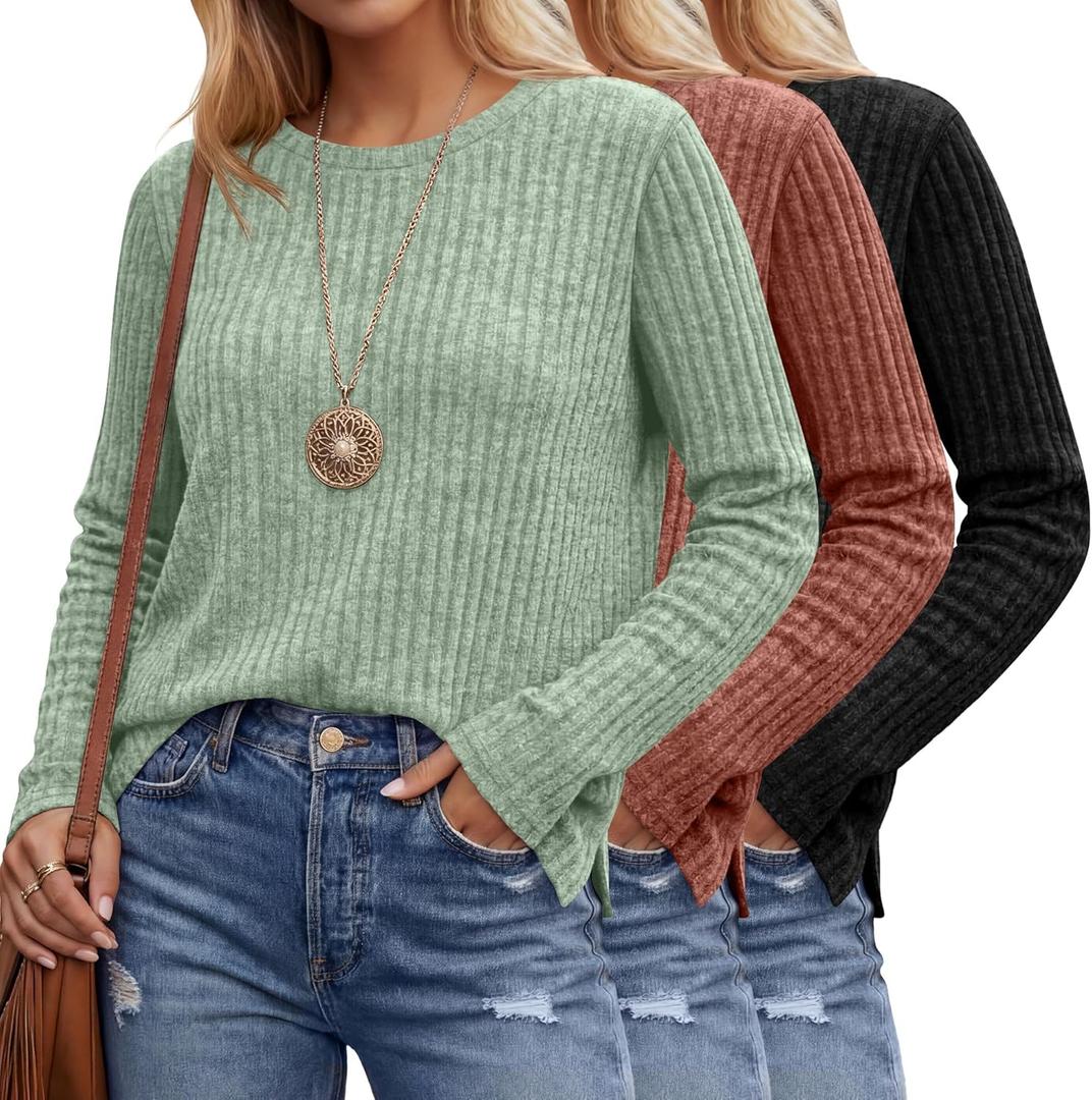 Huukeay 3 Pack Women's Long Sleeve Shirts Lightweight Tunic Sweaters with Side Split Crew Neck Casual Tops 2026 Trendy (Large, Black, Caramel, Green)