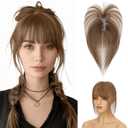 Hairro Clip In Bangs Short Hair Toppers For Women 3D Cover Remy Human Hair Wispy Thin Topper Hairpieces Clip On Fake Air Bang 11 Inches 14g #04 (Medium, Brown)