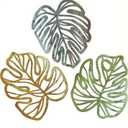 Palm Leaves Wood Wall Decor , 3Pcs Tropical Wall Art Jungle Decor, Wooden Natural Leaves Plant Wall Decor, Vintage Tropical Plant Plaque for Home Living Room Kitchen Bedroom Bathroom & Garden, Yellow&Blue&Green