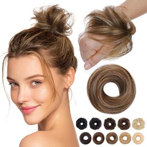 MY-LADY Messy Bun Hair Pieces Human Hair for Women Real Hairpiece Straight Scrunchies Tousled Updo Donut Chignon Ponytail Extension Medium Brown & Dark Blonde, Medium Brown & Dark Blonde