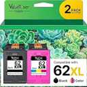62XL Ink Cartridges Black and Color Compatible for HP Ink 62 62XL High Yield for HP OfficeJet 200 OfficeJet 250 5740 5741 8040 6741 Envy 5540 5640 5660 7644 Printer, (2-Pack, 1 Black 1 Tri-Color)