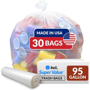 Reli. 95 Gallon Trash Bags Heavy Duty | 30 Trash Bags | Super Sizeable, Clear, Garbage for Serious Cleanup