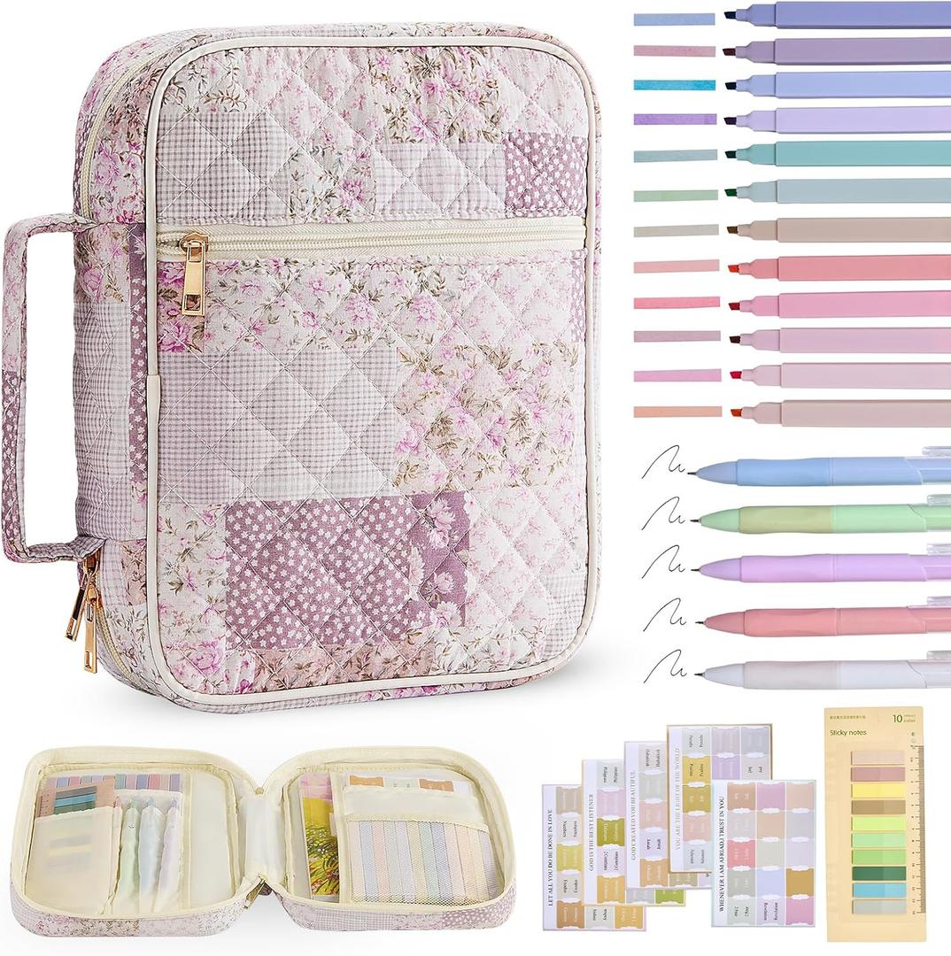 Bible Cover Case for Women Large Bible Cover Bag Quilted Bible Carrying Case for Girls Bible Study Supplies Accessories Christian Gifts for Women (Purple Floral, Large)