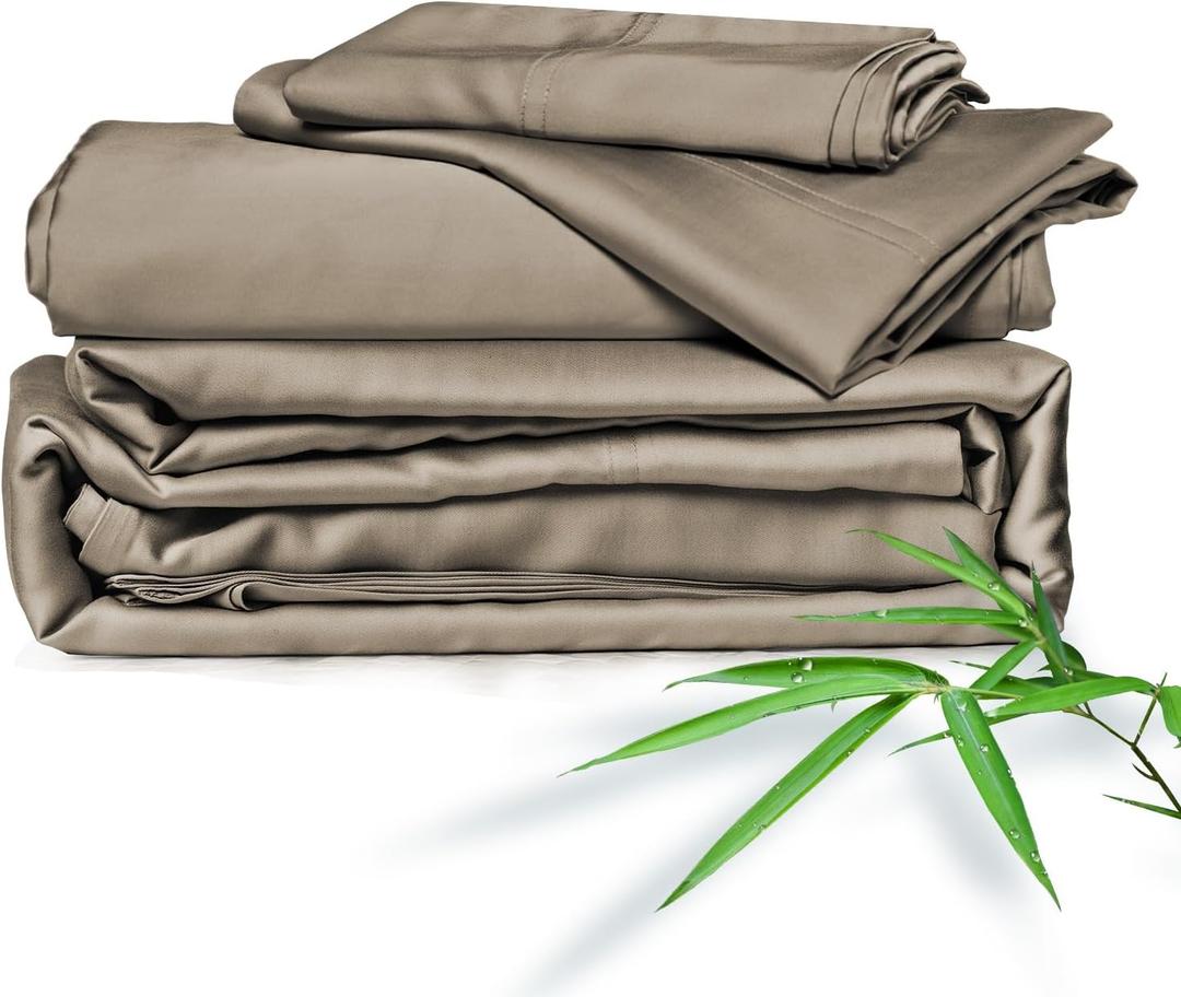 ClevaHome Sheets Queen Bed Sheet Set, 100% Rayon derived from Bamboo, Luxuriously Soft, Cooling, Double Stitching, 16" Deep Pockets Imported (Queen, Taupe)