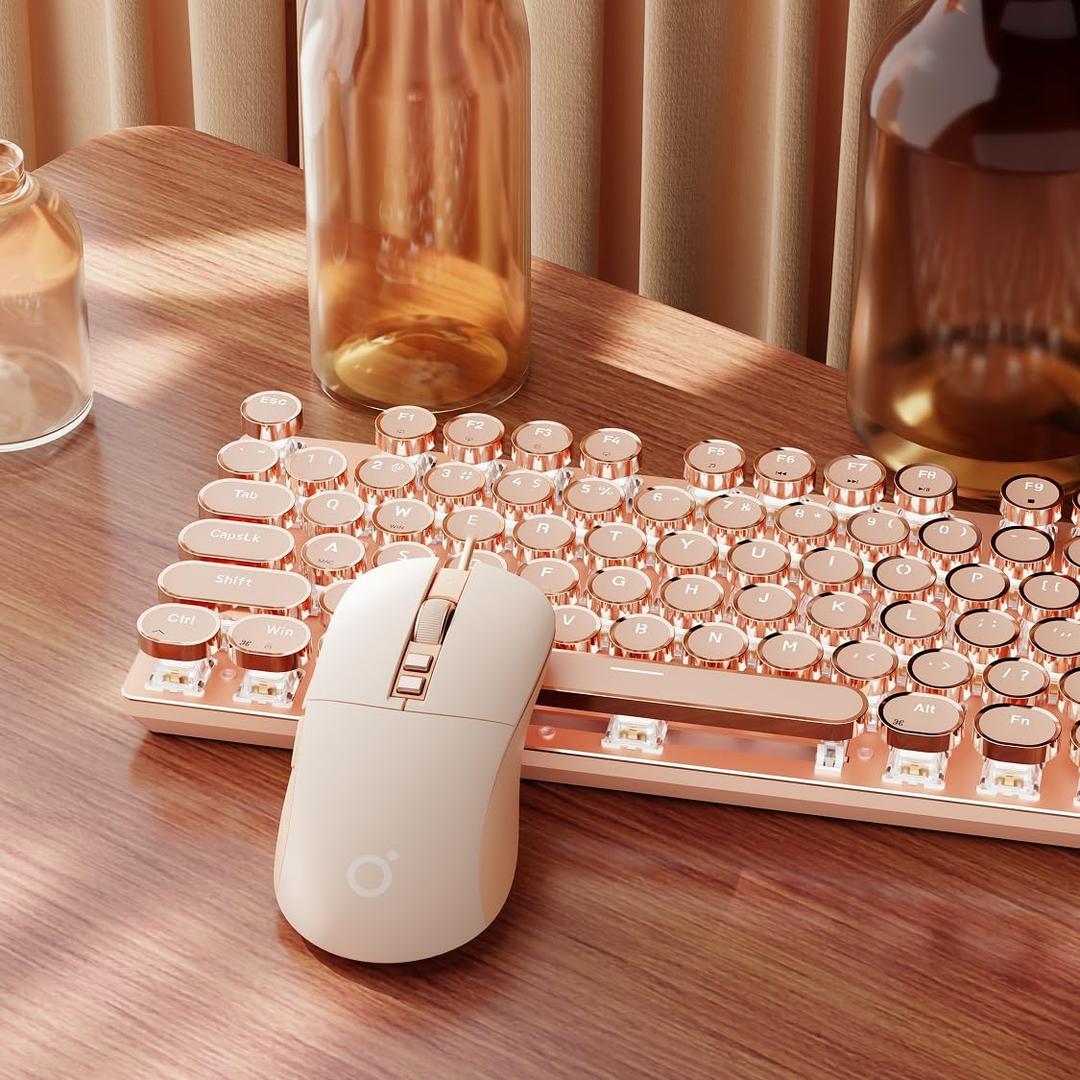 EWEADN Wired Typewriter keyboard and Mouse Combo, Typewriter Style Mechanical Gaming Keyboard,104 Keys Backlit LED Keyboards, Media Control Knob, Wired Keyboard Pink Switch for Windows/Mac/PC-Pink