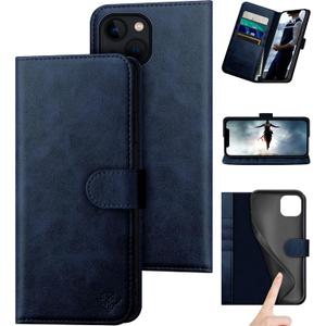 DuckSky for iPhone 14 6.1" Genuine Leather Wallet case RFID Blocking4 Credit Card HolderReal Leather Flip Folio Book Phone case Protective Cover Women Men for Apple 14 5G case Dark Blue