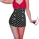 Ekouaer Womens One Piece Swimsuits Vintage Striped Skirt Bathing Suit Vintage Retro Push Up Swimwear (Large, Black Polka Dot2)