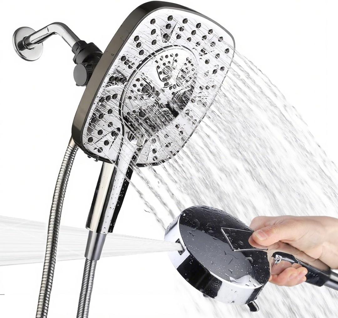 Shower Head with Handheld Spray Combo 2 in 1 Rainfall High Pressure with 59" Rotatable Stainless Steel Hose 9 Spray Modes Detachable Silver