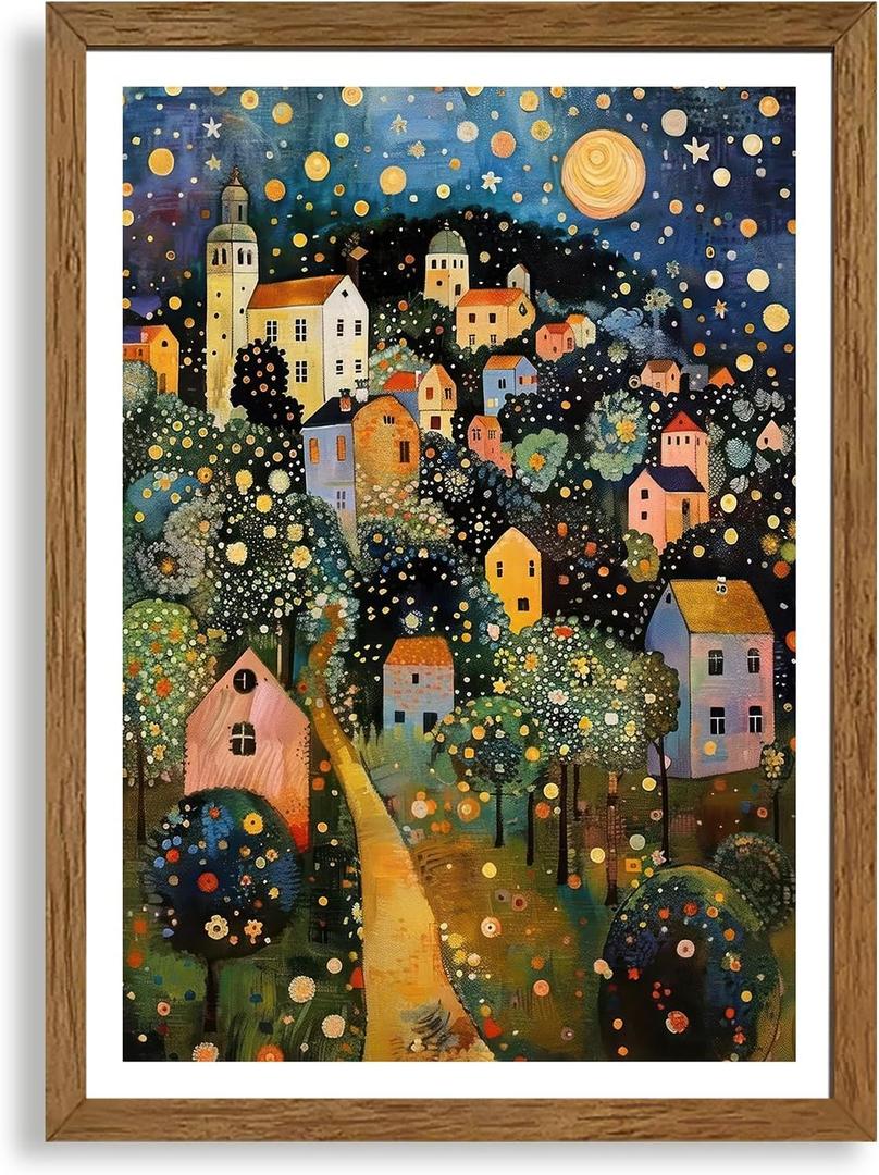 AVECCO Framed Colorful House Village Night Canvas Wall Art, Gustav Klimt Style Moon Stars Tree Wall Decor, Vibrant Starry Landscape Prints for Bathroom Living Room Bedroom Dining Room Office 16x24 in