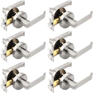 6 Pack Satin Nickel Room Door Locks Bedroom, Bathroom Door Handle, Keyless Room Door Lock, Modern and Sturdy, Heavy Duty