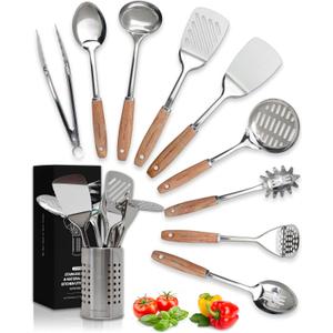 Home Hero Stainless Steel Kitchen Utensils Set - Wood Handle Nonstick Stainless Steel Cooking Utensils Set - Heat Resistant Kitchen Essentials & Metal Kitchen Gadgets (Silver & Wood) (10 Pcs)