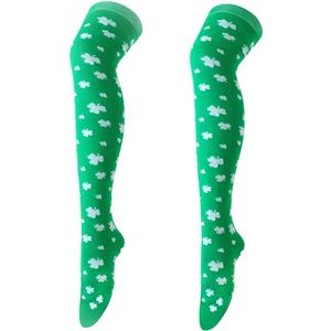 Striped Leg Warmer Women Girls Knee High Socks Tights (Green With Clover)
