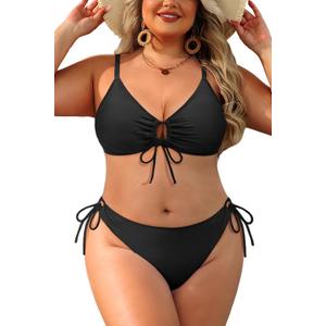 Women's Plus Size Triangle Bikini Set, Sexy Tie Front Two-Piece Swimsuit Black 16 Plus
