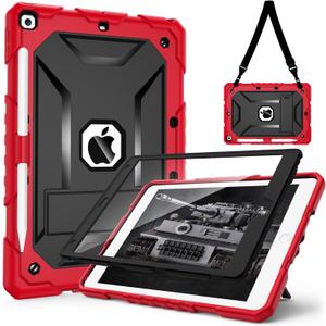 TIMISM Case for iPad 9th/8th/7th Generation 2021/2020/2019 (10.2 inch) - Heavy Duty Shockproof Protective Cover with Screen Protector, Shoulder Strap, Kickstand and Pencil Holder, Red+Black