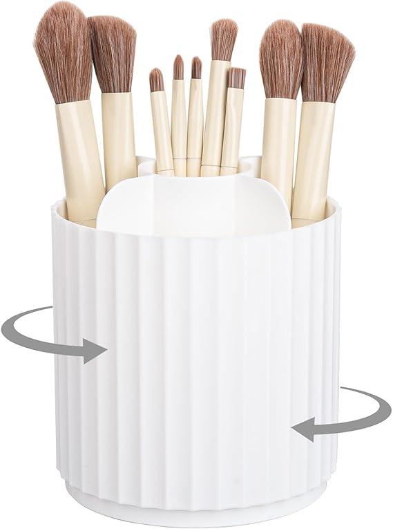 Anyoifax Makeup Brush Holder Organizer 360°Rotating Make Up Brushes Container for Vanity, Spinning Cosmetics Storage Cup, Stripe White