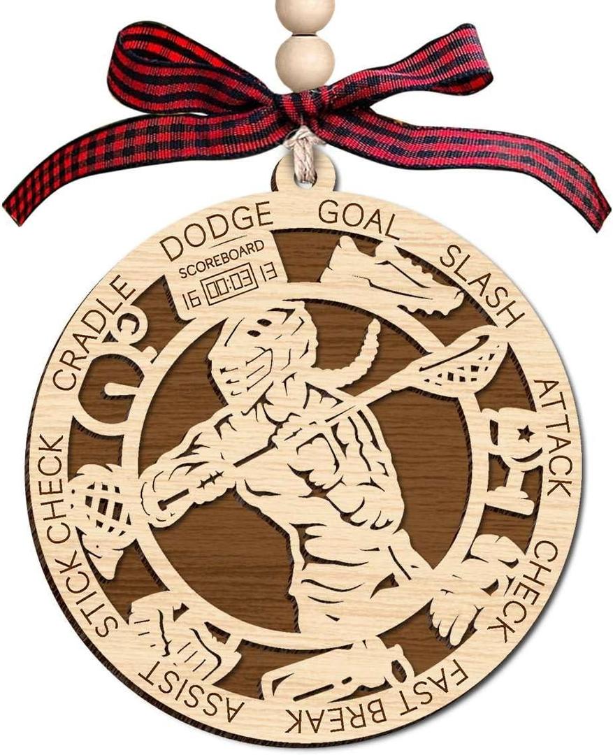 Lacrosse Girl Wooden Ornament 2 Layer - Christmas Tree Hanging Decoration - Rustic Farmhouse Holiday Ornament - Double Layer Wood Ornament for Female Lacrosse Player Seasonal Decoration