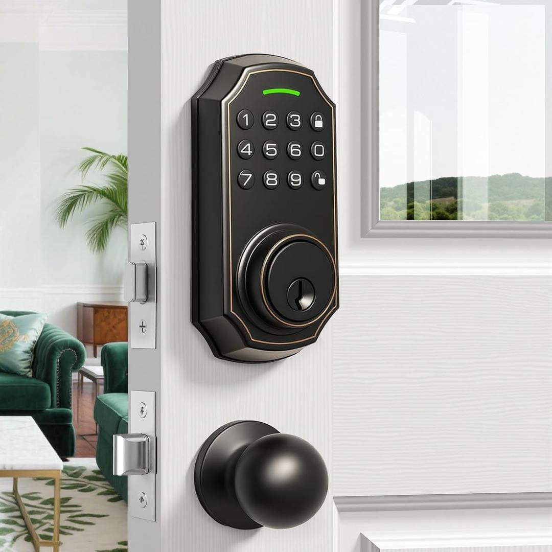 Smart Keyless Entry Door Lock with 2 Knobs,Front Door lock Handle Set,Electronic Digital Keypad Deadbolt,Auto Lock,50 User Codes,Voice Prompts,Anti-Peeking Password,Home, Apartment,Satin Nickel