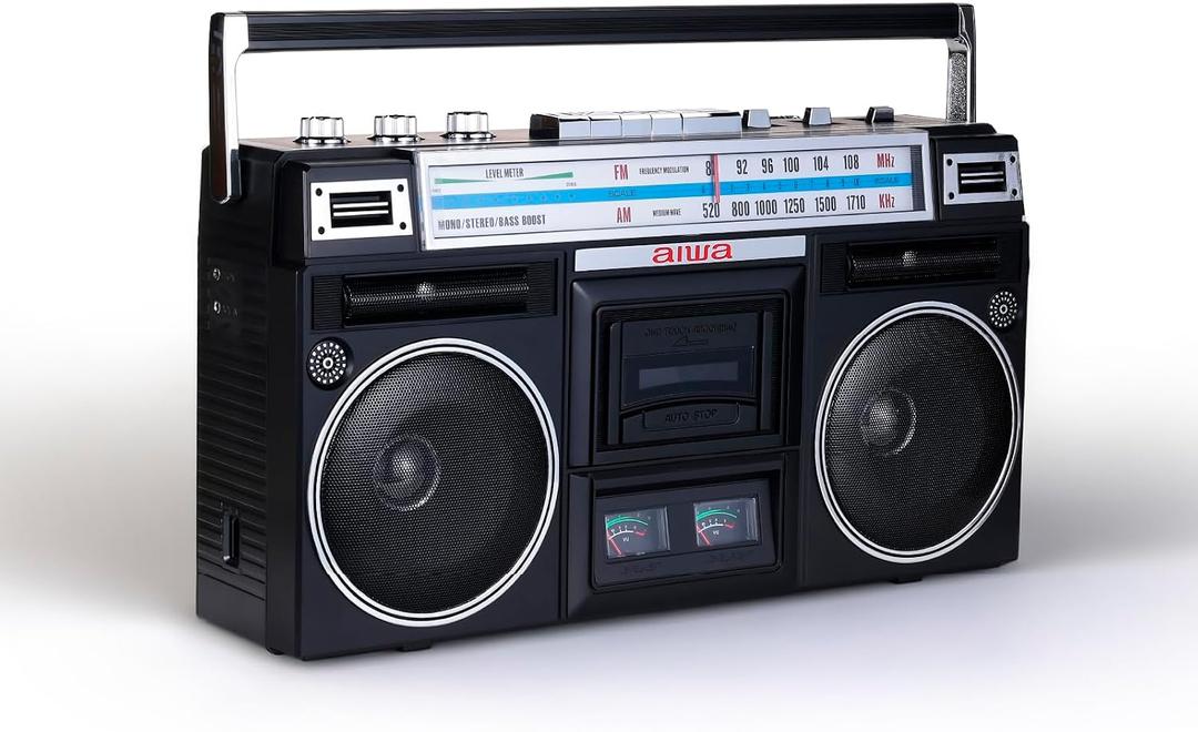 aiwa Portable Retro Boombox BackTrack Jr, Vintage Bluetooth Speaker with Cassette Player, Bluetooth, FM/AM Radio, USB & AUX for Home, Outdoor, and Travel Listening (Black)