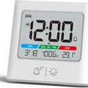 ALANAS Small Battery Operated Alarm Clock, Date Temperature Humidity Display, Compact Travel Digital Clocks, Snooze, Backlight, Wall Mountable, for Student Dorm, Small Spaces, Desk, Shelf (White)