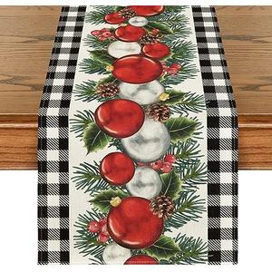 Artoid Mode Black White Buffalo Plaid Xmas Ball Holly Christmas Table Runner, Winter Kitchen Dining Table Decoration for Outdoor Home Party 13x108 Inch