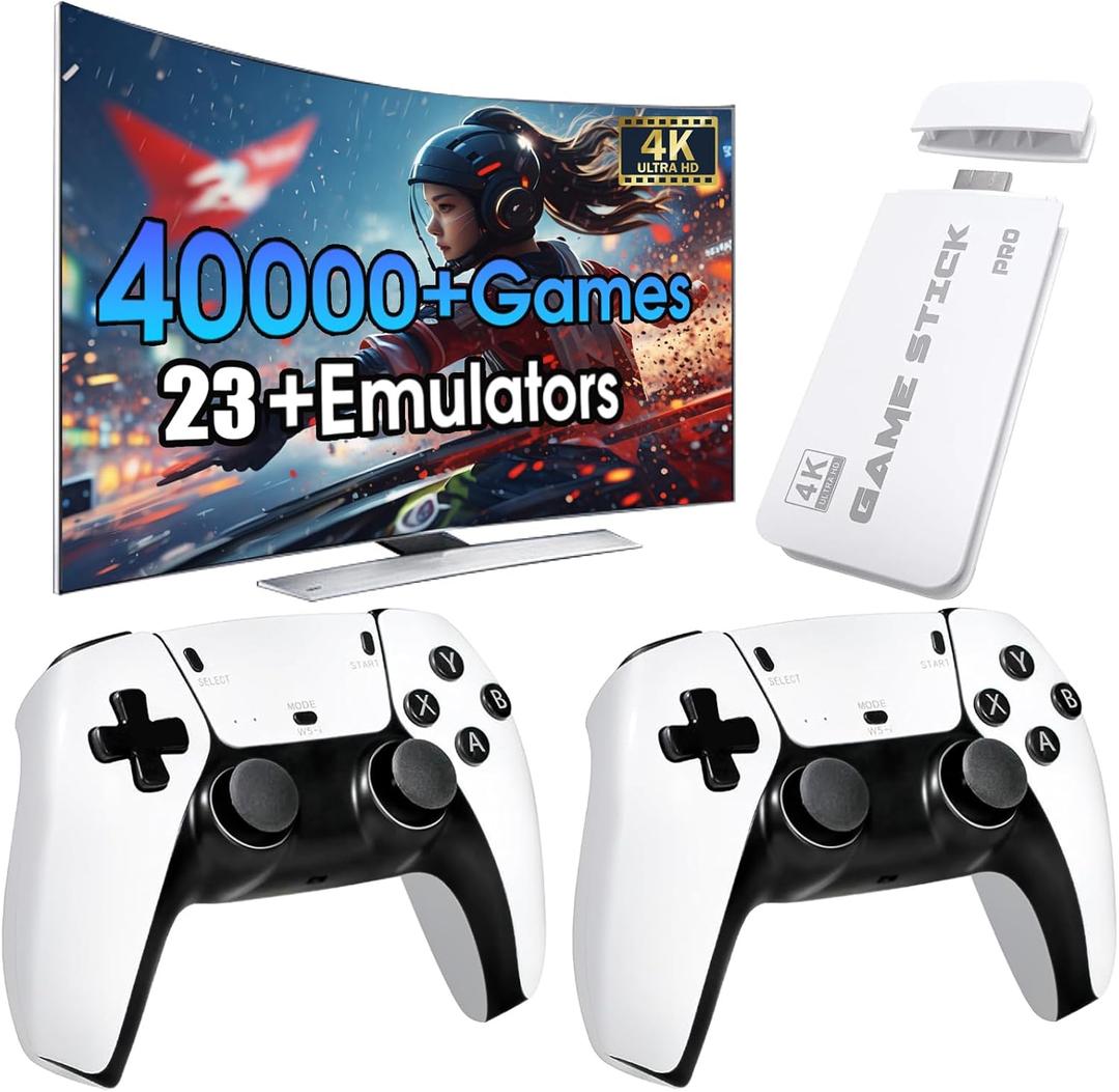 2025New Wireless Retro Game Console,40000+Games and 23 EmulatorsPlug and Play 4K HD HDMI TV Game Stickwith Dual 2.4G Wireless Controllers(128G) White