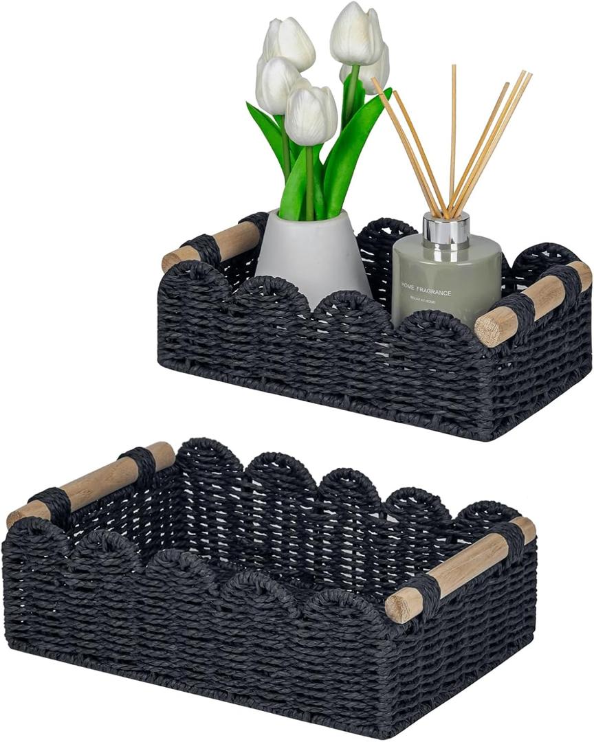 CubesLand Scalloped Edge Decor Baskets for Home, Living Room, Toilet Paper Storage Basket for Over Toilet Shelf, End Table,Shelves and More, Small Paper Rope Baskets Both Storage&Decor, Set 2 Black