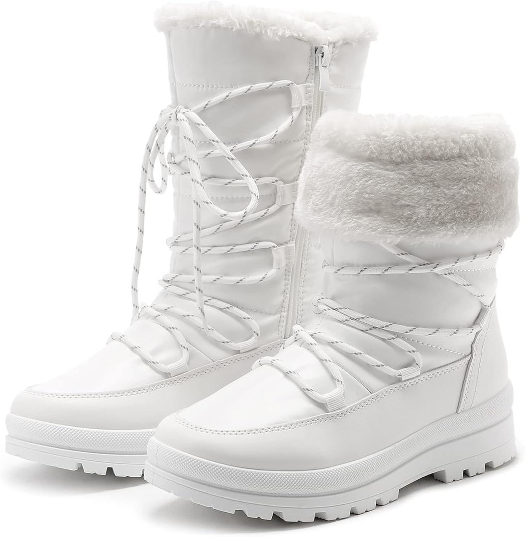HEAWISH Womens Winter Snow Boot Fur Lined Mid Calf Warm Boots (9, White)