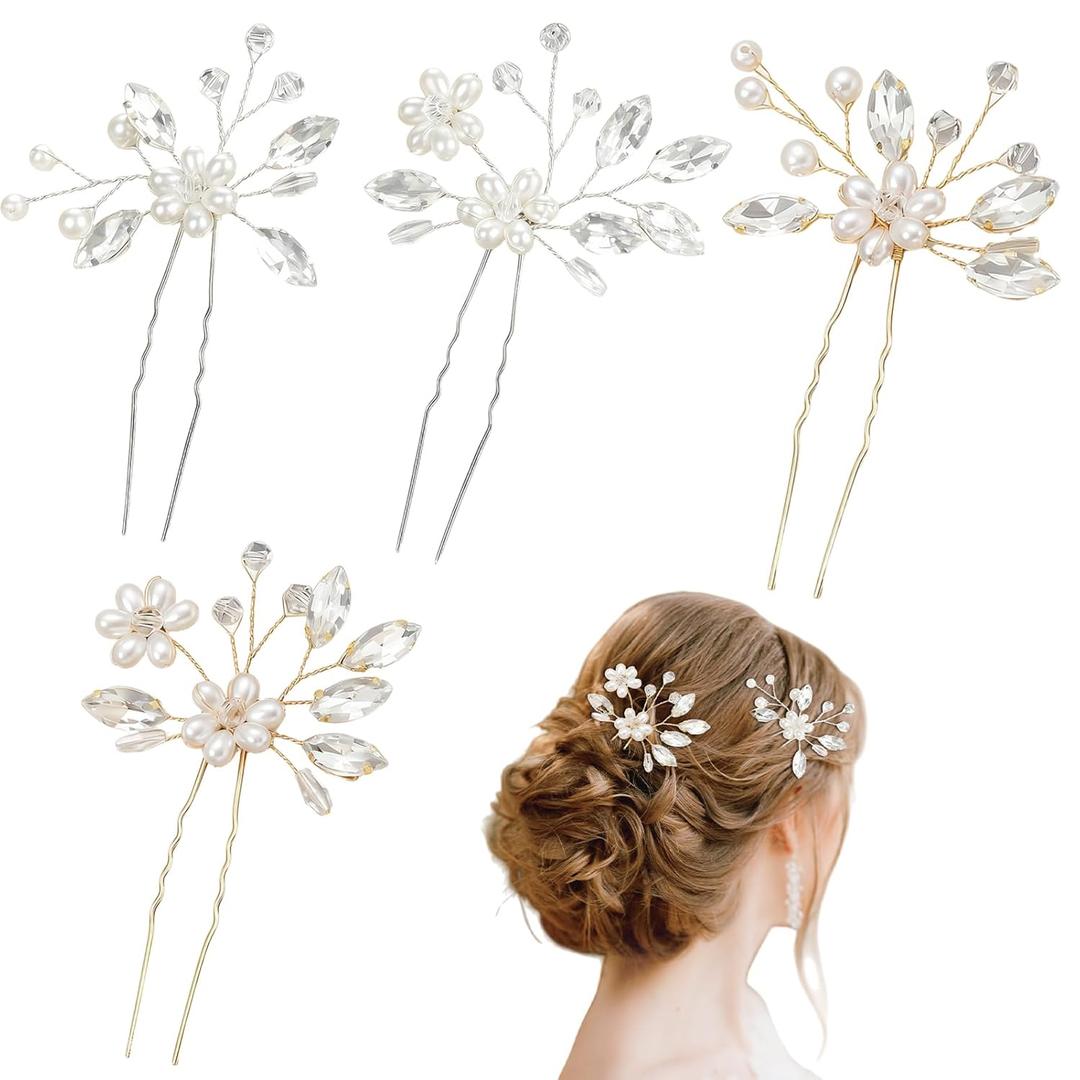 4 PCS Gold & Silver Bride Wedding Hair Pins  Pearl Bridal Hair Pieces with Flower Design, Rhinestone Decorative Hair Clips for Women  Wedding, Prom & Special Occasion Hair Accessories