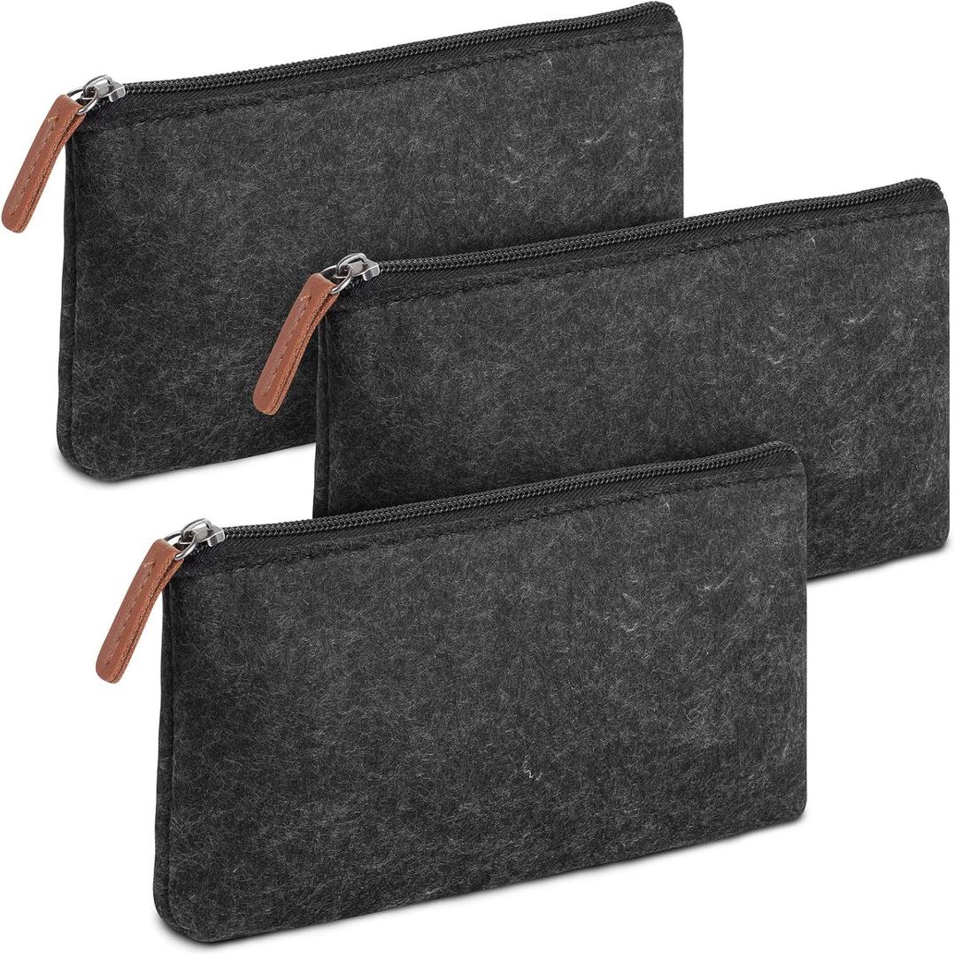 Mr. Pen- 3 Pc Black Felt Small Pen Case with Zipper, Office Supplies Canvas Pencil Bag