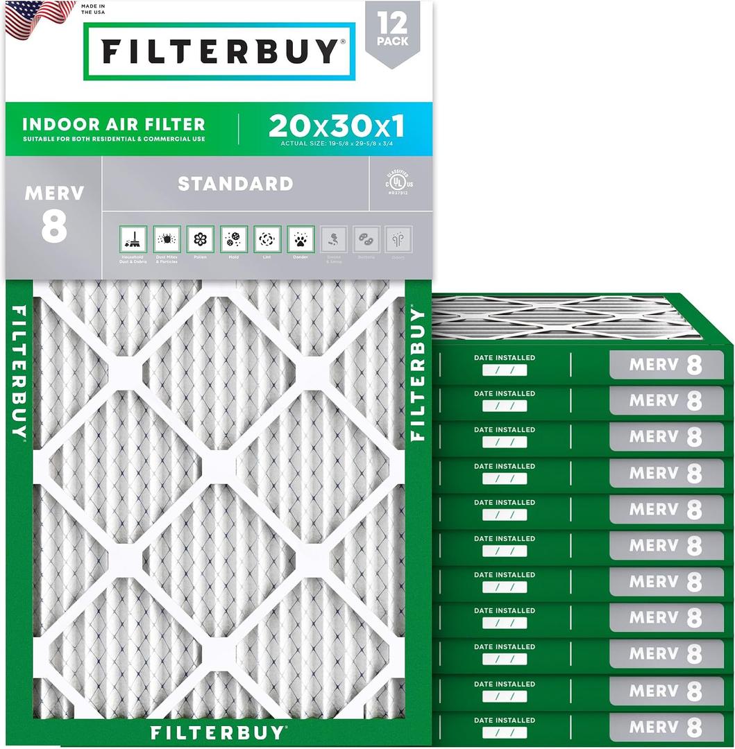 Filterbuy 20x30x1 Air Filter MERV 8 Essential Dust & Allergy Defense (12-Pack), Electrostatic Pleated HVAC AC Furnace Filters Replacement (Actual Size: 19.63 x 29.63 x 0.75)