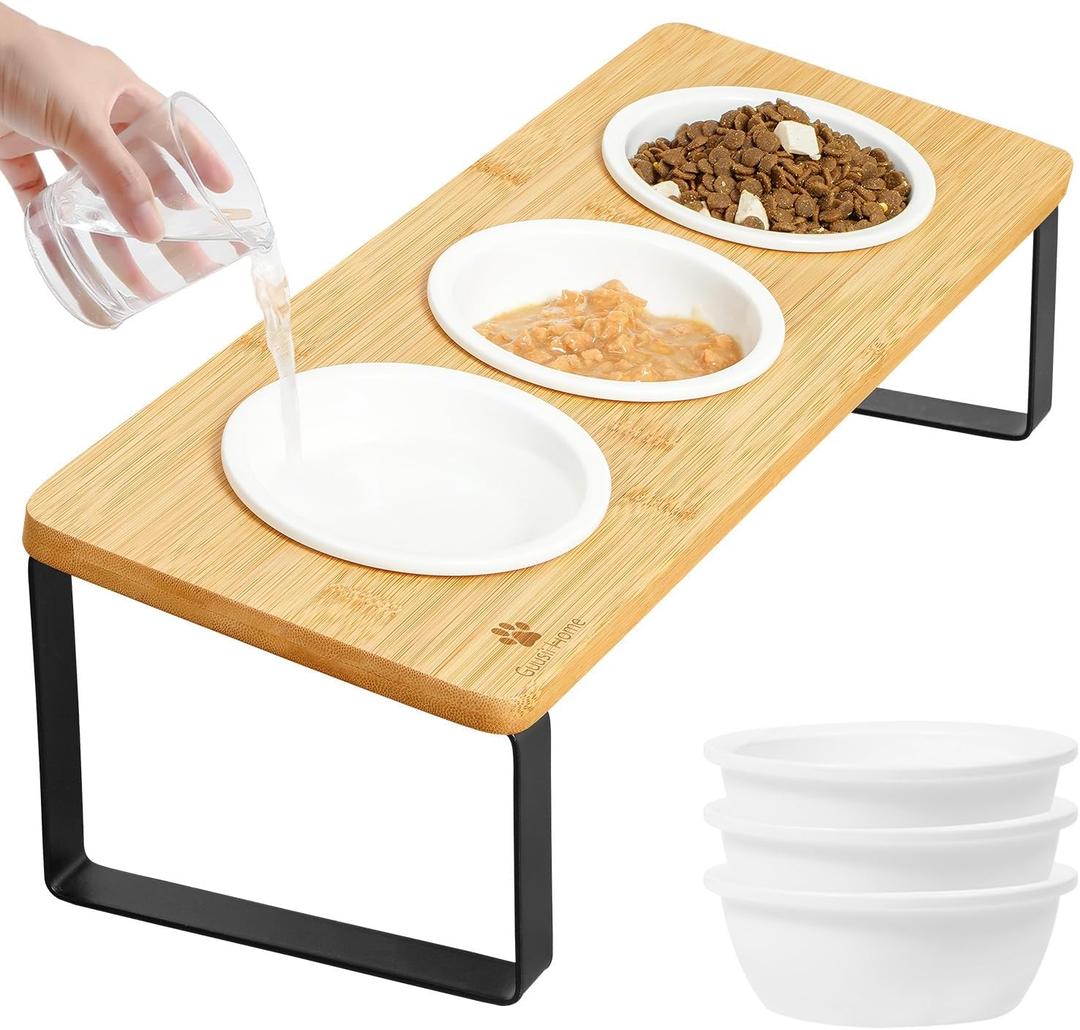 Sunhoo Elevated Cat Bowls for Indoor Cats Raised Tilted Food Water Kitty Dish Stand with 6 Ceramic Bowl Set Orthopedic Wooden Pet Feeder Feeding Sation Reduces Vomiting 4.7in Easy Assembly(Yellow)