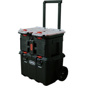 Keter Stack-n-Roll 2.0 Modular Tools Organizer for Garage Storage and DIY, 3 Piece Resin Rolling Tool Box System for Small Parts, Black