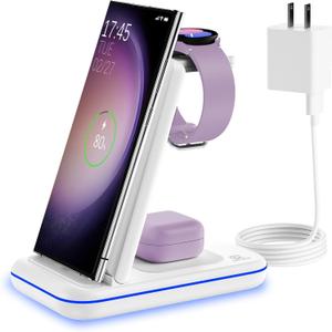 Wireless Charging Station for Samsung/Android, Fast Wireless Watch Charger Station Compatible for Samsung Galaxy S25 Ultra/S24/S23+/Z Flip 6/5 Fold 6/5, Watch7/6/Pro/Active 2 Galaxy Buds3/2 Pro(White)